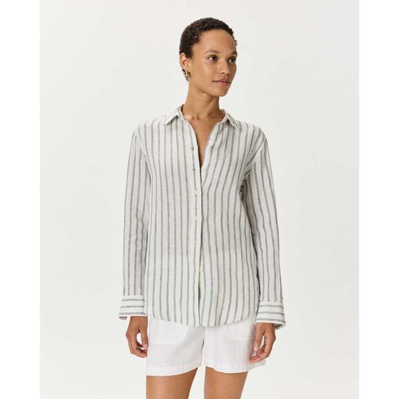 Quince European Linen Stripe Button Up Shirt Oatmeal Black Small - Picture 1 of 8